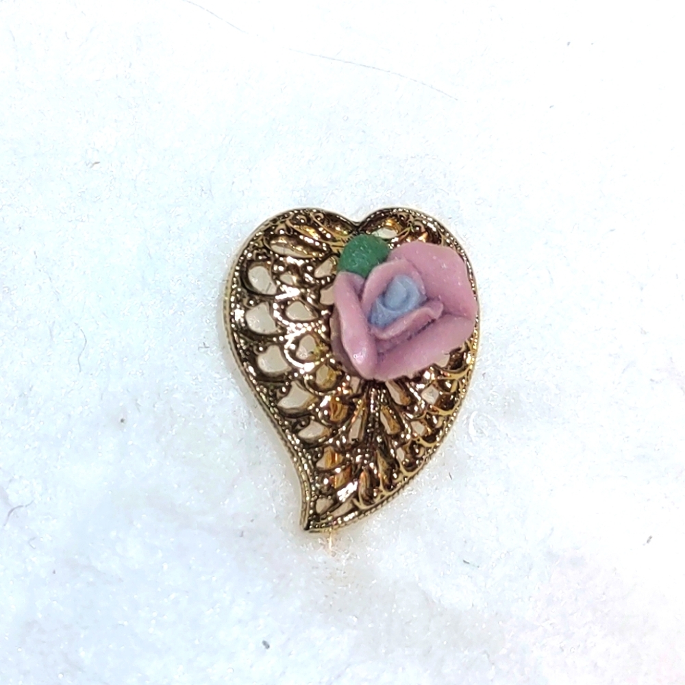 Pink Porcelain Flower Stick Pin 14K Gold Dipped